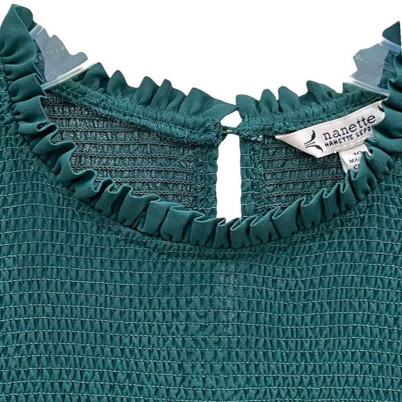 Nanette Women's Green Mock Neck Balloon-Sleeve Smocked Tiered Dress Size 10 NWT - Picture 4 of 11